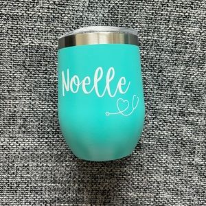 Teal Travel Mug/Cup/Wine Glass with stethoscope/heart and “Noelle.”